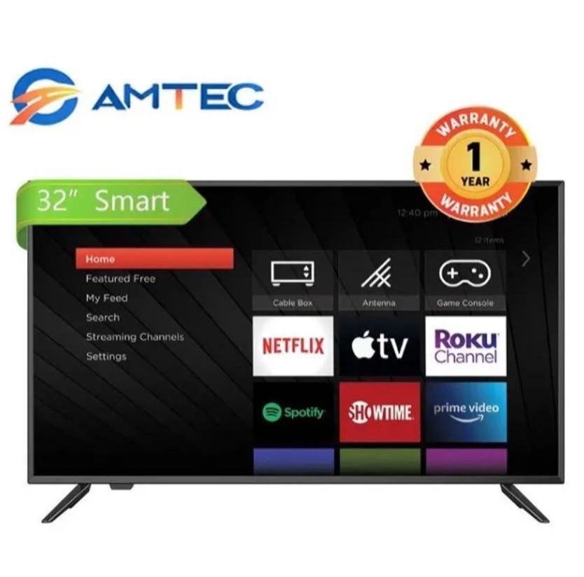 Amtec 32-Inch Frameless HD Smart LED TV with Wi-Fi, YouTube, Netflix, HDMI, USB, VGA, Built-In DVB-T2 Decoder, Slim Black Design, Energy Efficient, Wall Mountable, 12-Month Warranty