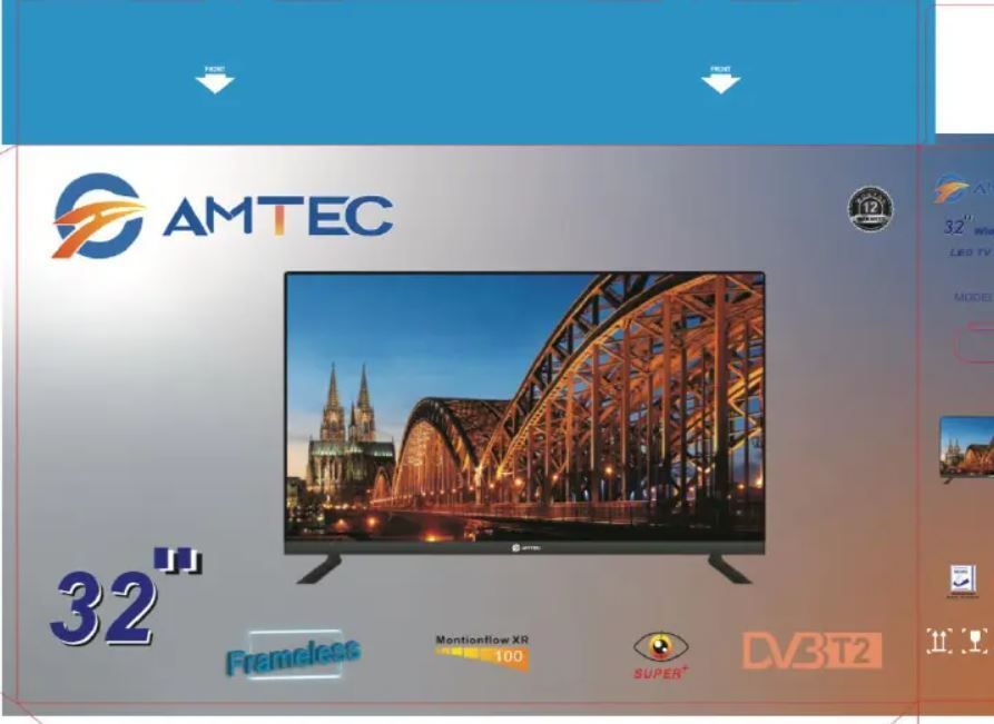 Amtec 32-Inch Frameless HD Smart LED TV with Wi-Fi, YouTube, Netflix, HDMI, USB, VGA, Built-In DVB-T2 Decoder, Slim Black Design, Energy Efficient, Wall Mountable, 12-Month Warranty