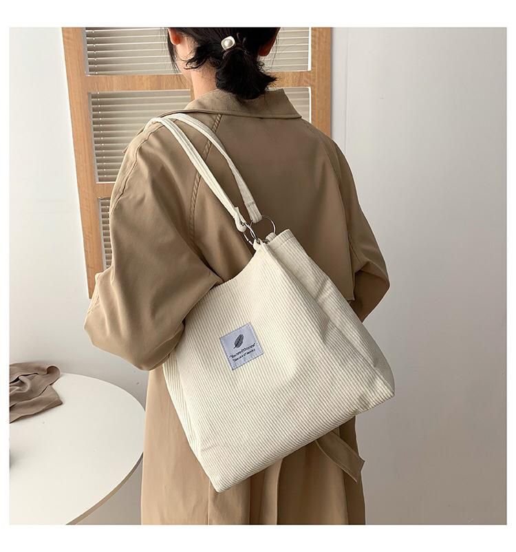 Corduroy Tote Bag for Women Girl Canvas Shoulder Cord Purse with Inner Pocket for Work Beach Lunch Travel School Shopping