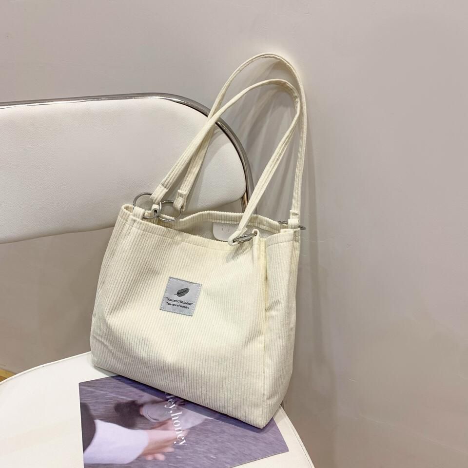 Corduroy Tote Bag for Women Girl Canvas Shoulder Cord Purse with Inner Pocket for Work Beach Lunch Travel School Shopping