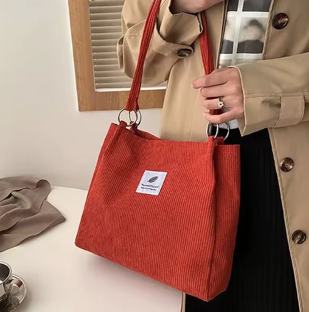 Corduroy Tote Bag for Women Girl Canvas Shoulder Cord Purse with Inner Pocket for Work Beach Lunch Travel School Shopping