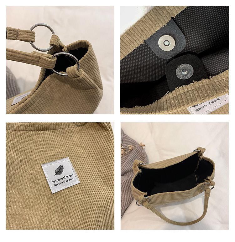 Corduroy Tote Bag for Women Girl Canvas Shoulder Cord Purse with Inner Pocket for Work Beach Lunch Travel School Shopping