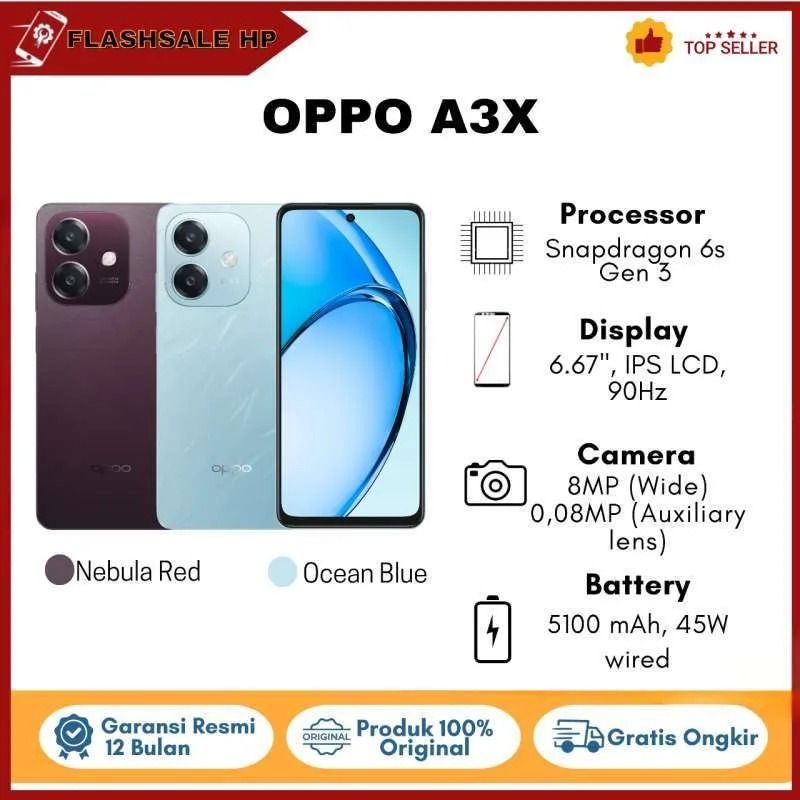 Oppo A3x 6.67-inch' 128GB ROM 4GB RAM"Battery: 5100mAh"Dual //SIM  120Hz refresh rate 8MP Rear camera 5MP Front camera Smart phone