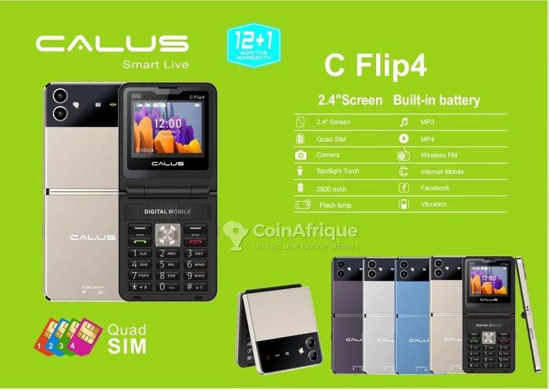 Calus C Flip 4 quad-sim, 2800maH built-in battery 2.4 inch screen size wireless FM Torch light dual sim bright torch CALUS smart live featured phone