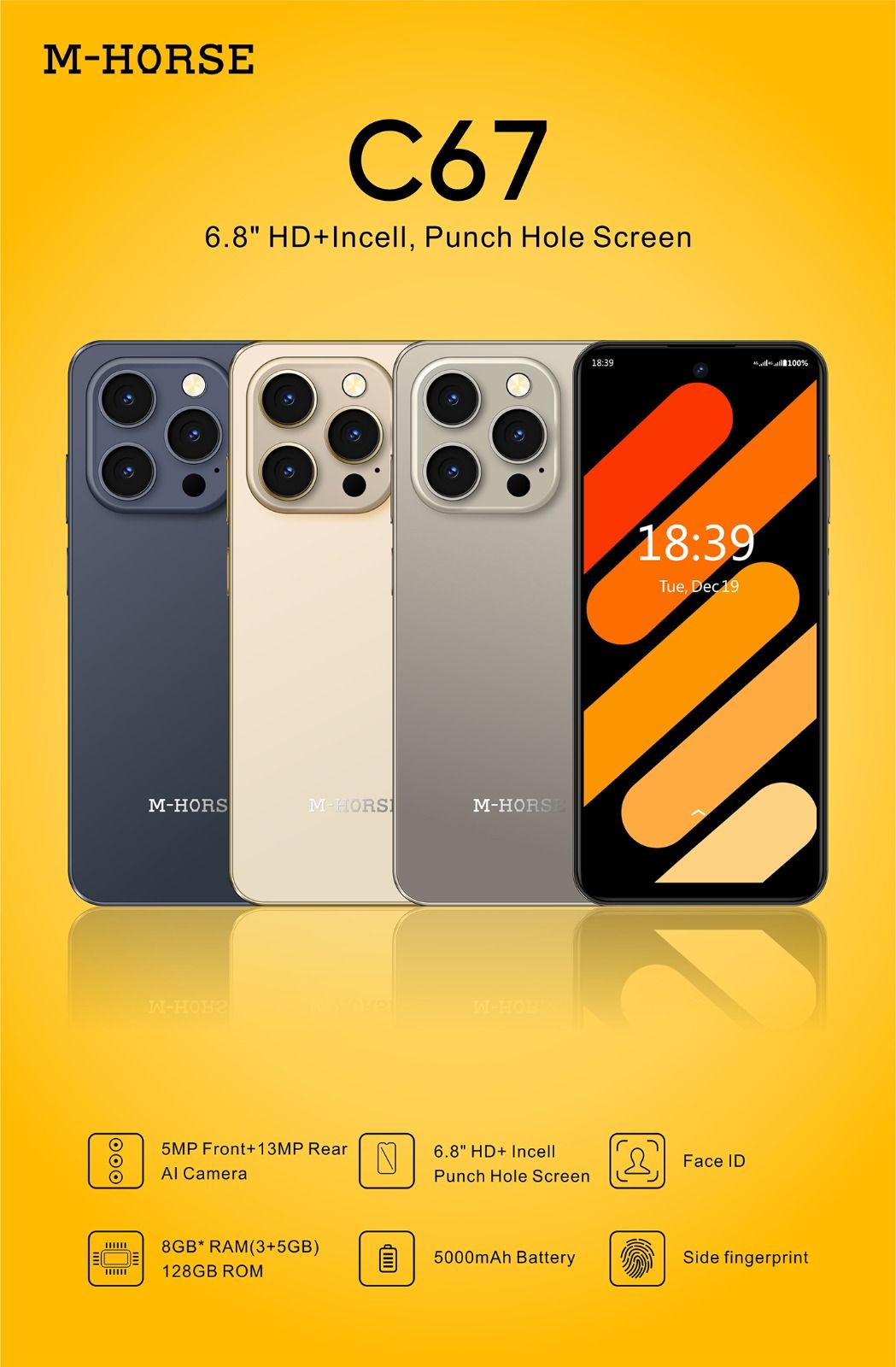 NEW ARRIVAL M-HORSE C67 4G Network 6.8" screen display ,128 GB ROM + 8GB RAM 60Hz refresh rate 5MP Front +13MP Rear  Dual SIM Android 14 5000mAh  side fingerprint  UNLOCK Smart Phones