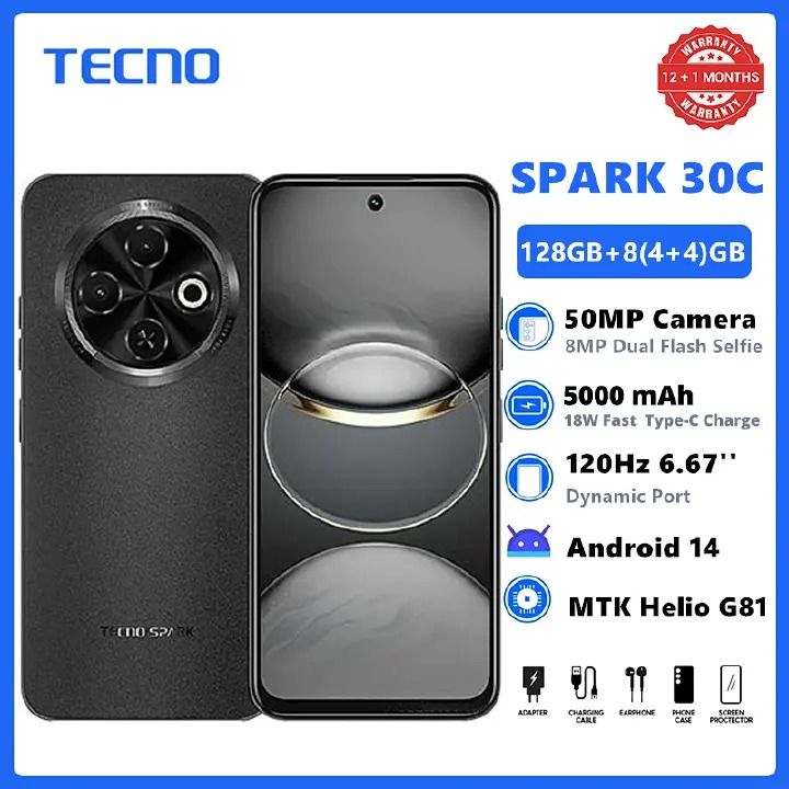 New Arrival TECNO SPARK 30C 128GB +8(4+4)GB 120Hz 6.6" Dynamic Port 50MP Stereo Dual Speakers 5000mAh 18W Type-C Dual SIM 4G Smart Phones Side Fingerprint