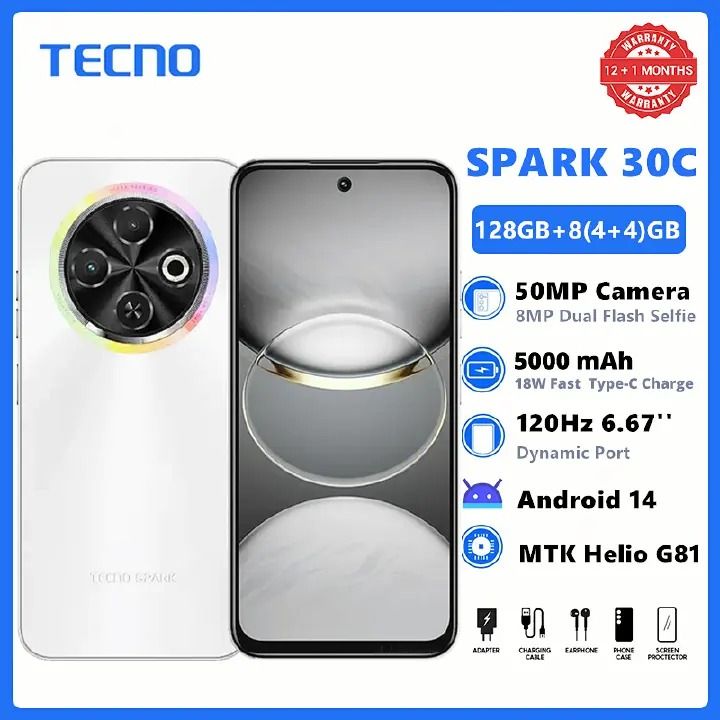 New Arrival TECNO SPARK 30C 128GB +8(4+4)GB 120Hz 6.6" Dynamic Port 50MP Stereo Dual Speakers 5000mAh 18W Type-C Dual SIM 4G Smart Phones Side Fingerprint