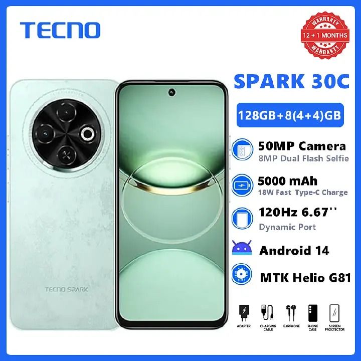 New Arrival TECNO SPARK 30C 128GB +8(4+4)GB 120Hz 6.6" Dynamic Port 50MP Stereo Dual Speakers 5000mAh 18W Type-C Dual SIM 4G Smart Phones Side Fingerprint