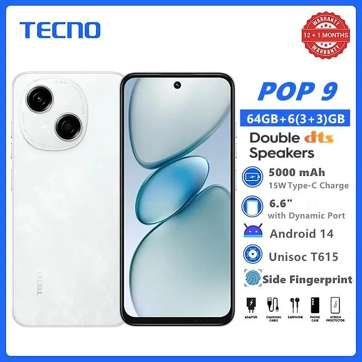 New Arrival TECNO POP 9 64GB + 6(3+3)GB 4.5G Fast Network 6.6" 120Hz Hole Screen Dual Speakers IP54 Waterproof 13MP 5000mAh Type-C Android 14 Dual SIM Smart Phones Side Fingerprint Unlock