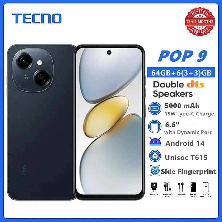 [NEW ARRIVAL]Tecno POP 9 6.6" 128 GB Storage + 3RAM 120Hz Hole Screen Dual Speakers IP54 Waterproof  - Android 14 13MP Camera Dual sim 5000mAh-Smartphones