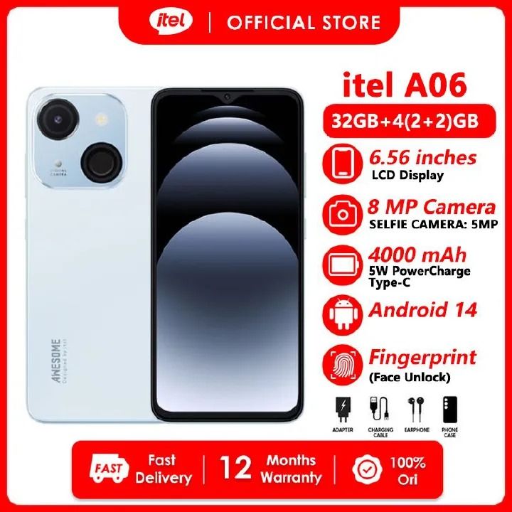 [First Lanuch]Itel A06 3G Network 32GB+(2+2)4GB RAM 6.6" Screen Dual SIM 8MP+5MP Camera 4000mAh Baterry Fingerprint And Face Unlock Smart Phones