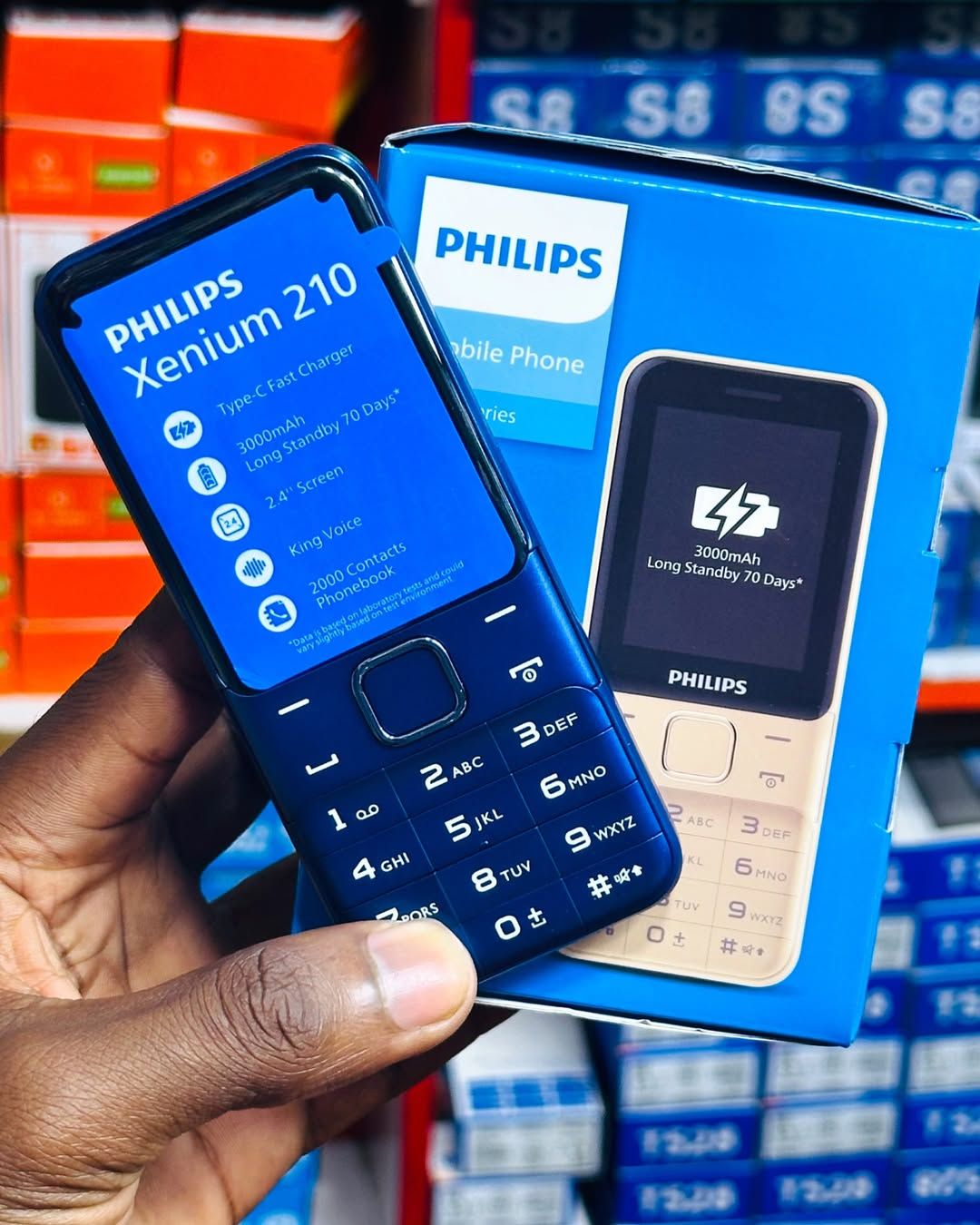Philips xenium 210 3000mAh battery type c charger 2.4 inches screen size 3 sim cards 3.15 mp camera featured phone