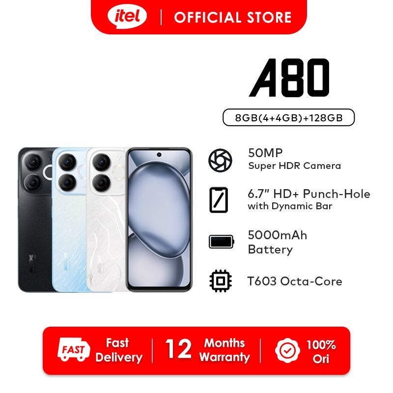 [New Launch] Itel A80 128GB+8(4+4)GB RAM 6.7" 120Hz Screen 4G Network Dual SIM Phone 50MP Camera 5000mAh Battery Fingerprint and Face Unlock Android 14 Fashion Smart Phones