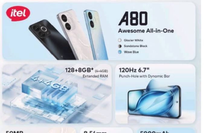 [New Launch] Itel A80 128GB+8(4+4)GB RAM 6.7" 120Hz Screen 4G Network Dual SIM Phone 50MP Camera 5000mAh Battery Fingerprint and Face Unlock Android 14 Fashion Smart Phones