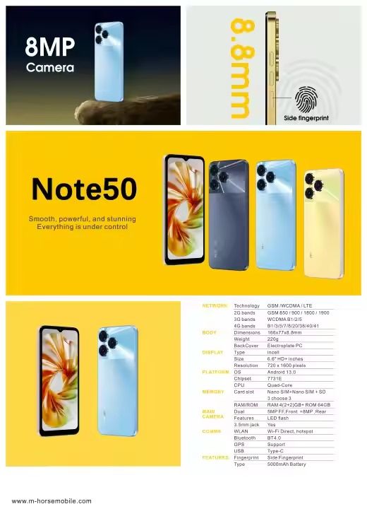 [BRAND NEW] M-HORSE NOTE 50 4GB+64GB ANDROID 13 5000-5999mAh   Quad Core AMOLED Dual SIM Card Dual Standby SMART PHONES