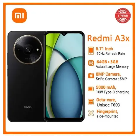 XIAOMI Redmi A3X 6.71" 64GB+3GB RAM 4G Network 5000mAh Battery 8MP AI Camera 10W Fast Charging Fingerprint Sensor Android 14 Smart Phones