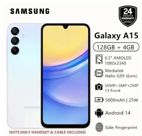 Brand New Offer Samsung Galaxy A15 128GB+4GB 50MP Triple Camera Mediatek Helio G99 6.5" 90Hz Display Android 14 5000mAh 25W Type-C Charge Smart Phones