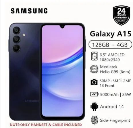 Brand New Offer Samsung Galaxy A15 128GB+4GB 50MP Triple Camera Mediatek Helio G99 6.5" 90Hz Display Android 14 5000mAh 25W Type-C Charge Smart Phones