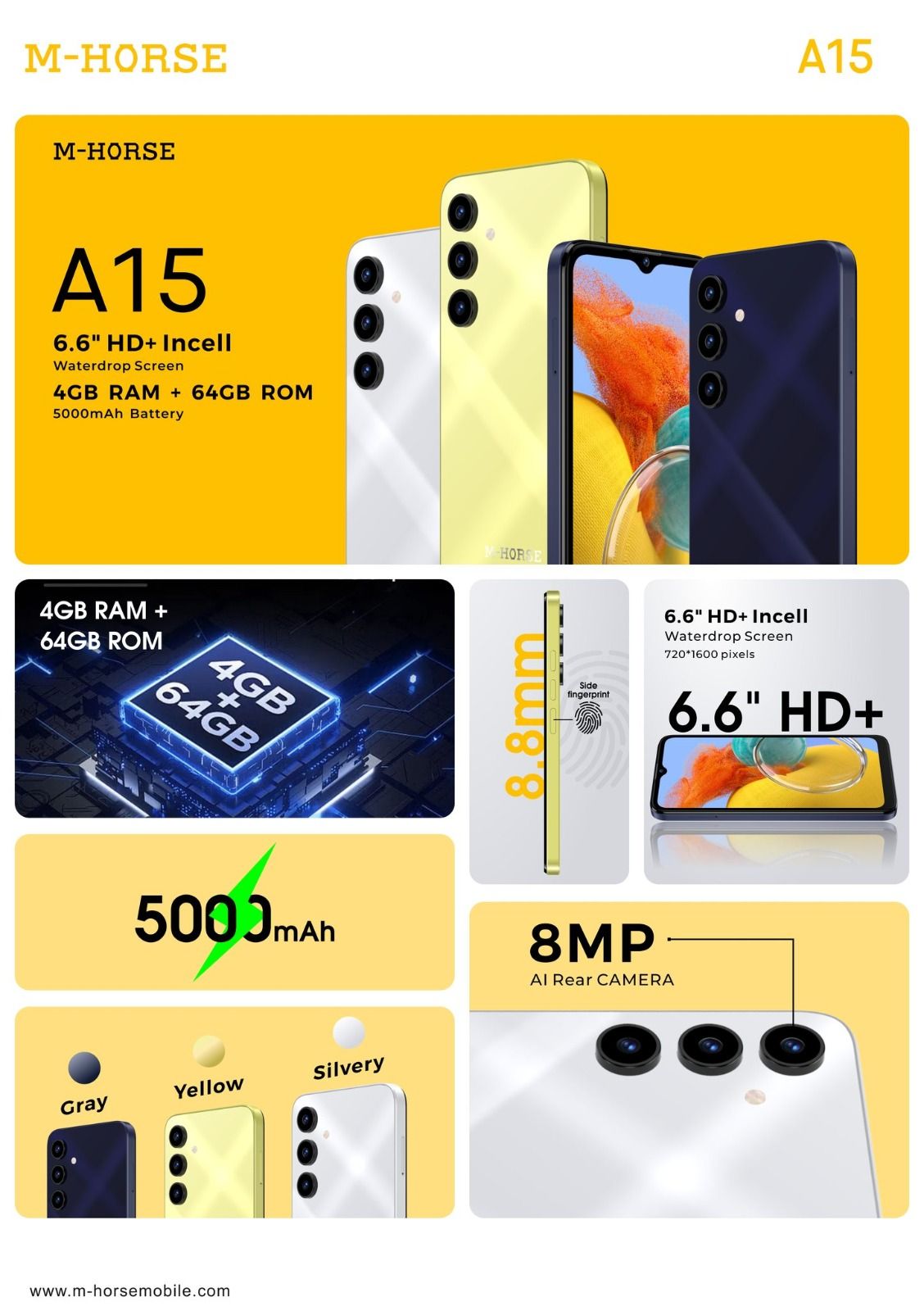 {BRAND NEW} M-HORSE A15 4GB RAM 64GB ROM Android 13 with Dual SIM card 6.6'' screen MAIN CAMERA : 8MP Rear + 5MP,Front Battery capacity ：5000Mah smart phones. [FREE SCREEN PROTECTOR]
