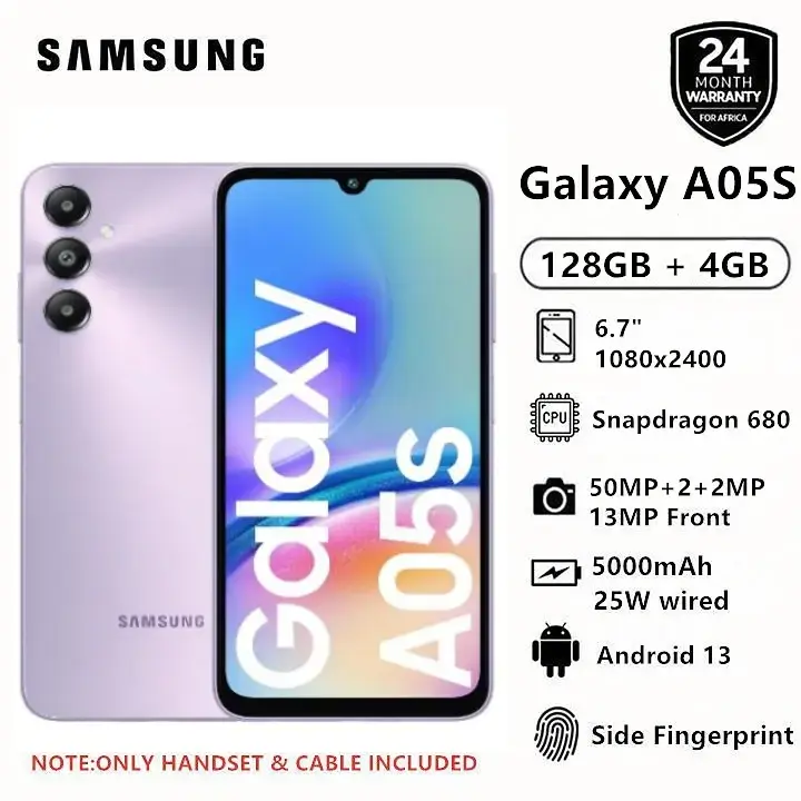 Samsung Galaxy A05S 128GB+4GB 50MP Triple Camera Snapdragon 680 6.7" 90Hz Display Android 13 5000mAh 25W Type-C Charge Smart Phones phone