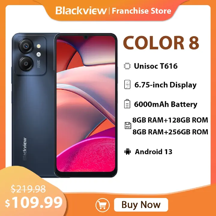Blackview Color 8 Smartphone 6.75" Display 8GB+256GB Dual Sim 6000 mAh Battery 50MP+8MP Camera Octa-coreUnisoc T616(12nm) Android 13 Smartphone