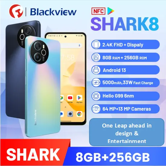 Brand New Blackview SHARK 8 256GB+8GB 120 Hz Refresh rate 6.78 FHD+IPS main camera 64MP+13MP selfieCamera Android 13 4G OTG Smartphone 33W Fast Charging type C 5000 mAh Battery Smart phone
