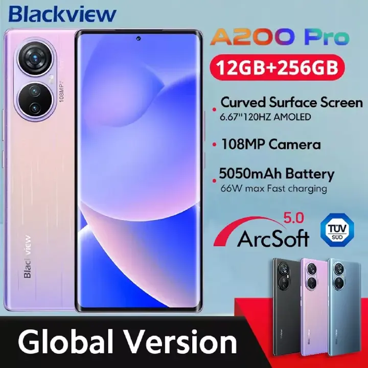 BLACKVIEW A200 PRO 256GB+12GB RAM  6.67'' FHD + AMOLED DISPLAY 5050mAh 66W FAST CHARGER DUAL SIM 108MP +8MP +2MP REAR CAMERA 16MP FRONT CAMERA FINGERPRINT unlock smartphone