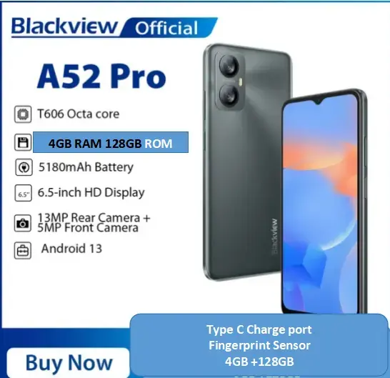 Blackview A52 Pro 4GB+128GB 6.52 Inch Android 13 4G OTG Fingerprint Identification Smartphone - 13MP+0.8MP 5MP Camera 5180 mAh Type C Charge Battery Smart Phone