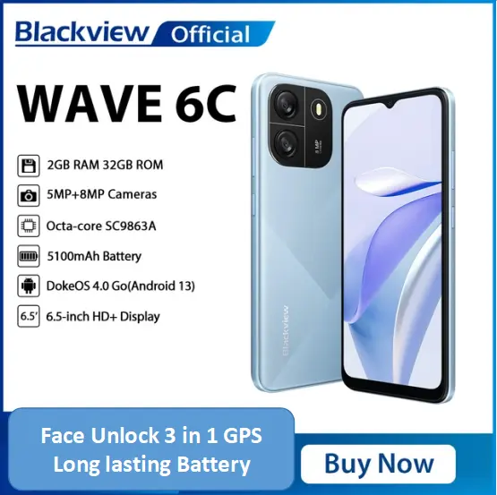 Blackview Wave 6C Smartphone 2GB RAM+32GB ROM 6.5 Inches HD+IPS (Dual SIM), 5100mAh battery 8Mp main camera +5.0 selfie processor octacore 120Hz refresh rate Face unlock Android 13 Smartphone