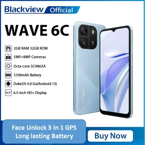 Blackview Wave 6C Smartphone 2GB RAM+32GB ROM 6.5 Inches HD+IPS (Dual SIM), 5100mAh battery 8Mp main camera +5.0 selfie processor octacore 120Hz refresh rate Face unlock Android 13 Smartphone