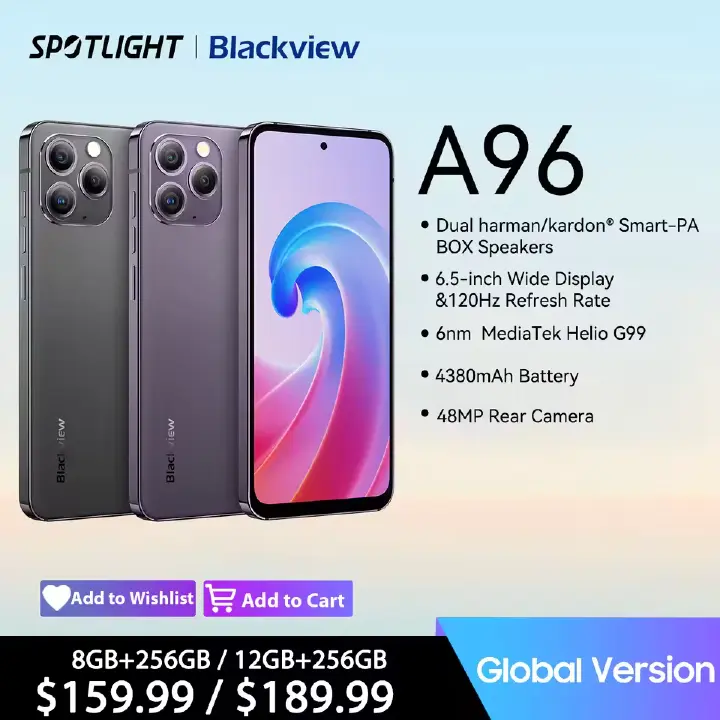 Blackview A96 12GB+256GB 6.5 Inches 48MP+8MP+16MP Camera Android 13 Fingerprint Identification Smartphone Helio G99 4380 mAh Mobile Phone 6.5'' 2.4K Display With 120Hz smartphone