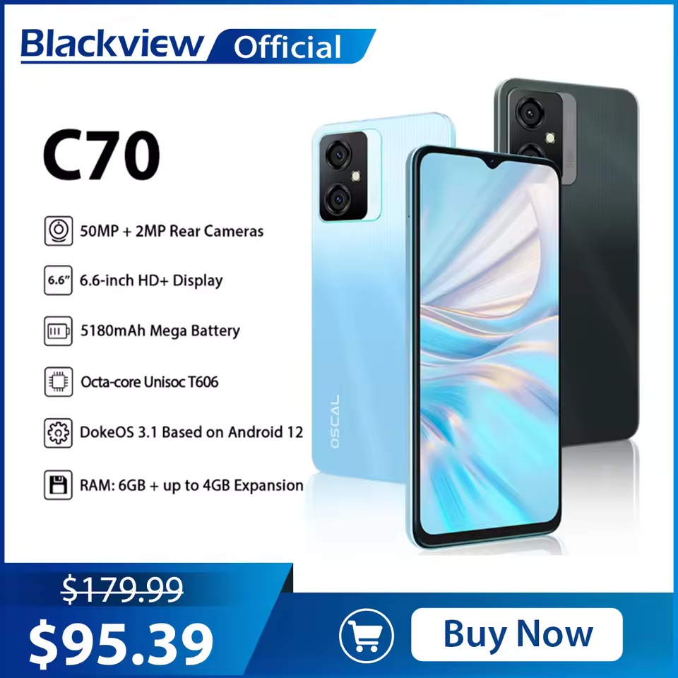 Blackview OSCAL C70 6GB+128GB 6.6 Inch Android 12 4G 50MP+2MP+8MP Camera 5180mAh battery processor Octa-core Unisoc T606 120Hz refreshrate 4G Network Fingerprint Identification Smartphone
