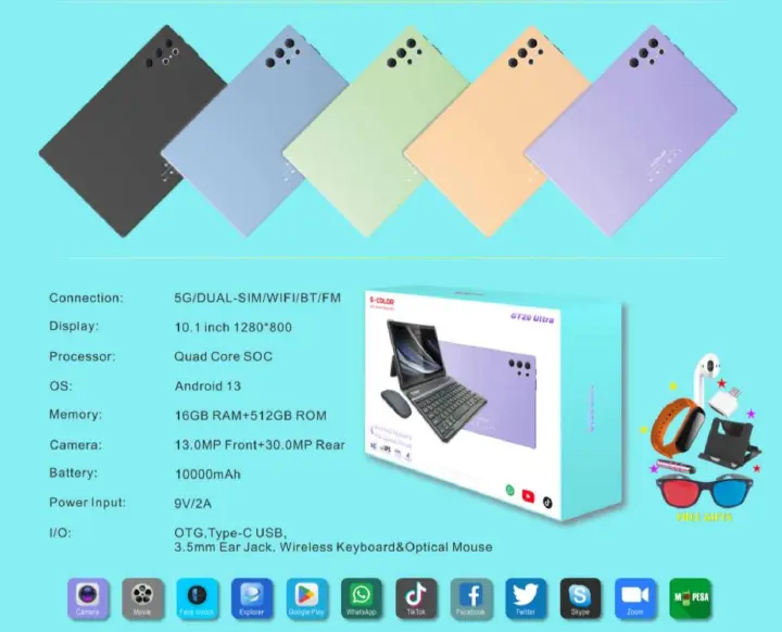 S-Color GT20 Ultra 5G Ultra Smart Tablet pc 16GB RAM + 512GB ROM Quad Core 10000mAh Android 13 Display: 10.1 inch 1120*800 30.0Mp main camera +16.0 Mp selfie Tablet