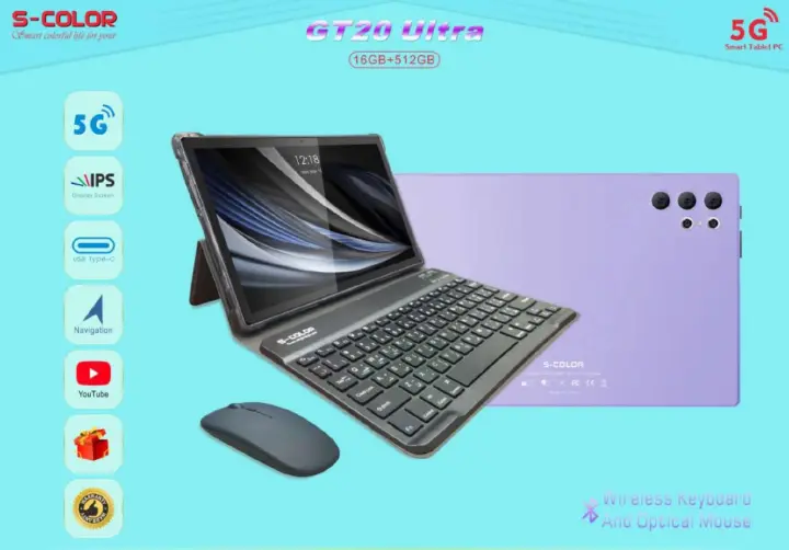 S-Color GT20 Ultra 5G Ultra Smart Tablet pc 16GB RAM + 512GB ROM Quad Core 10000mAh Android 13 Display: 10.1 inch 1120*800 30.0Mp main camera +16.0 Mp selfie Tablet