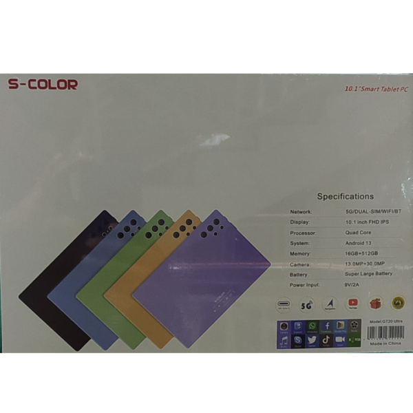 S-Color GT20 Ultra 5G Ultra Smart Tablet pc 16GB RAM + 512GB ROM Quad Core 10000mAh Android 13 Display: 10.1 inch 1120*800 30.0Mp main camera +16.0 Mp selfie Tablet