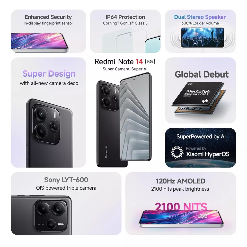 NEW ARRIVAL OFFERS!!XIAOMI Redmi Note 14, 6.67", 128GB + 6GB RAM, (Dual SIM), 5110mAh 50mp Back Camera and 10mp Front Camera-Dual sim Octa-Core Smartphones