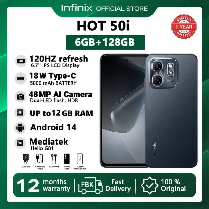 Brand New Infinix Hot 50i 128GB ROM +12 GB(6+6)RAM 4G, Screen 6.78-inch 120Hz,' Battery: 5000mAh, 18W Wired, Dual SIM (Nano-SIM, dual stand-by), Ultra Sleek 48 MP Camera Smart Phones[