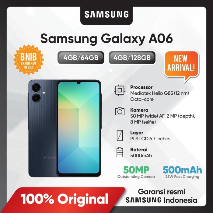 Samsung Galaxy A06 64GB+4GB 50MP Camera 6.7" 90Hz MTK Helio G85 (12nm) 5000mAh 25W Type-C Charge Android 14  Side Fingerprint Unlock phone Smart Phone