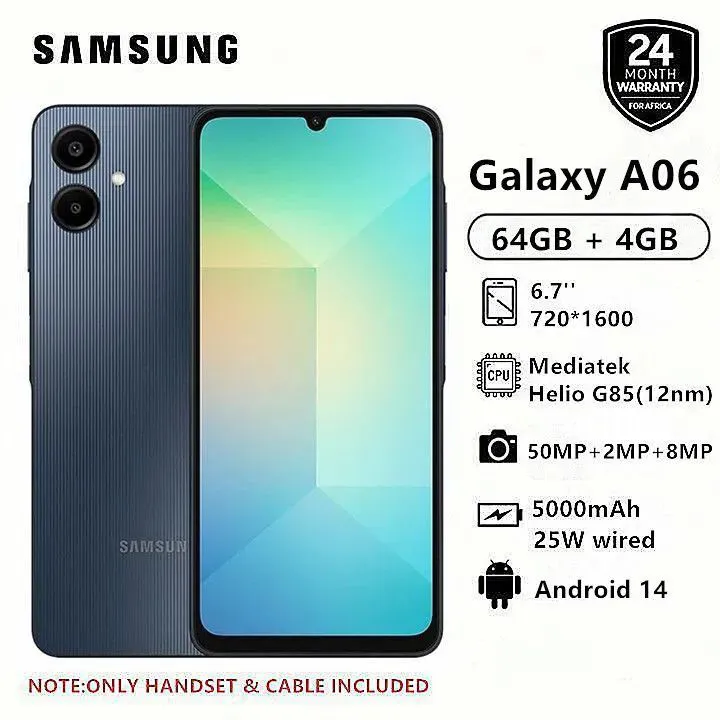 Samsung Galaxy A06 64GB+4GB 50MP Camera 6.7" 90Hz MTK Helio G85 (12nm) 5000mAh 25W Type-C Charge Android 14  Side Fingerprint Unlock phone Smart Phone