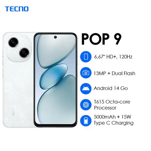[NEW ARRIVAL]Tecno POP 9 6.6" 128 GB Storage + 3RAM 120Hz Hole Screen Dual Speakers IP54 Waterproof  - Android 14 13MP Camera Dual sim 5000mAh-Smartphones