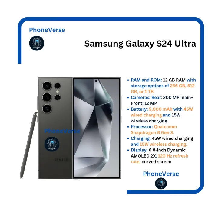 Samsung Galaxy S24 Ultra Cell Phone 12GB+512GB Galaxy AI Smartphone , 200MP Main camera 12 MP selfieSnapdragon 8 Gen 3 Fingerprint under display  5000mAh battery capacity Android 14 Smartphone