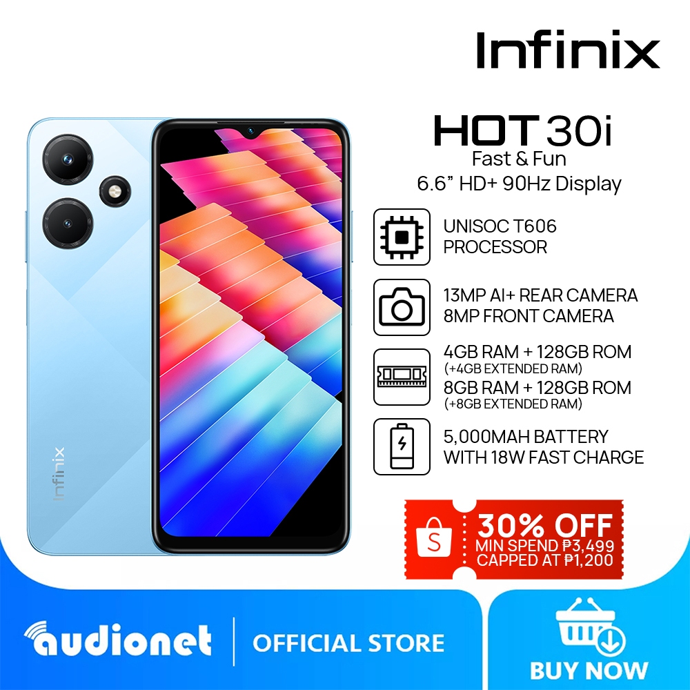 Infinix Hot 30i 128GB 8(4+4)GB RAM Dual SIM 4G LTE Network 13MP Main camera 8MP Selfie 5000mAh 90Hz 6.6" HD+Screen Display Fingerprint Unlock Android 12 Smart Phones