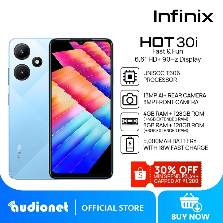 Infinix Hot 30i 128GB 8(4+4)GB RAM Dual SIM 4G LTE Network 13MP Main camera 8MP Selfie 5000mAh 90Hz 6.6" HD+Screen Display Fingerprint Unlock Android 12 Smart Phones
