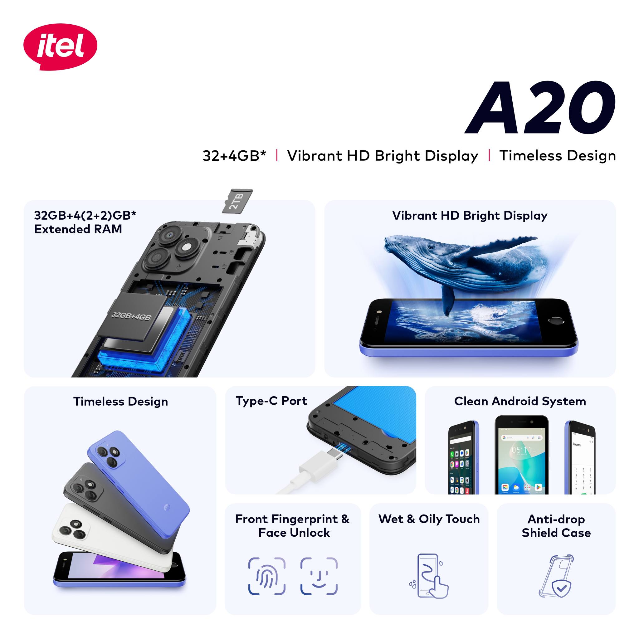 Itel A20, 5 Inch Vibrant HD Bright Display,32GB Storage+4(2+2)GB RAM, 2400mAh battery capacity 5MP MAIN Camera Front Fingerprint and face unlock undroid Smartphones