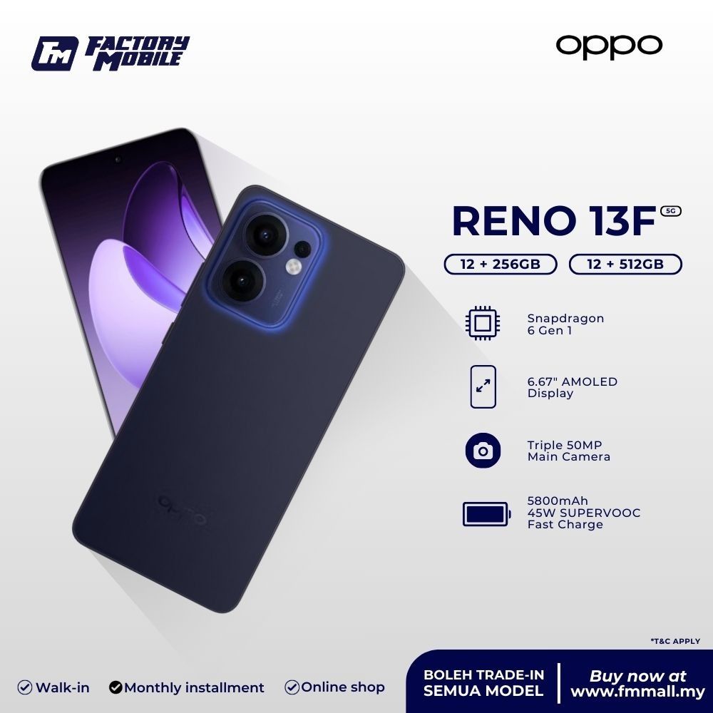 Oppo Reno 13F 4G Key Features RAM: 8GB Storage: 256GB OS:  , ColorOS 14 Camera: 50MP + 8MP + 2MP Selfie: 32MP Display: 6.67 inch, AMOLED,120Hz Processor: Qualcomm SM6225 Android 15,SMARTPHONES