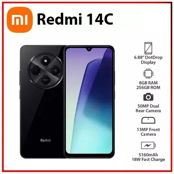 Brand New XIAOMI Redmi 14C 256GB Rom + 8GB Ram 50MP AI Dual Camera Immersive 6.88" UHD Display Upto 120Hz Refresh Rate Dual Sim 5160mAh (typ) Battery Elegant glass back cover Smart Phone