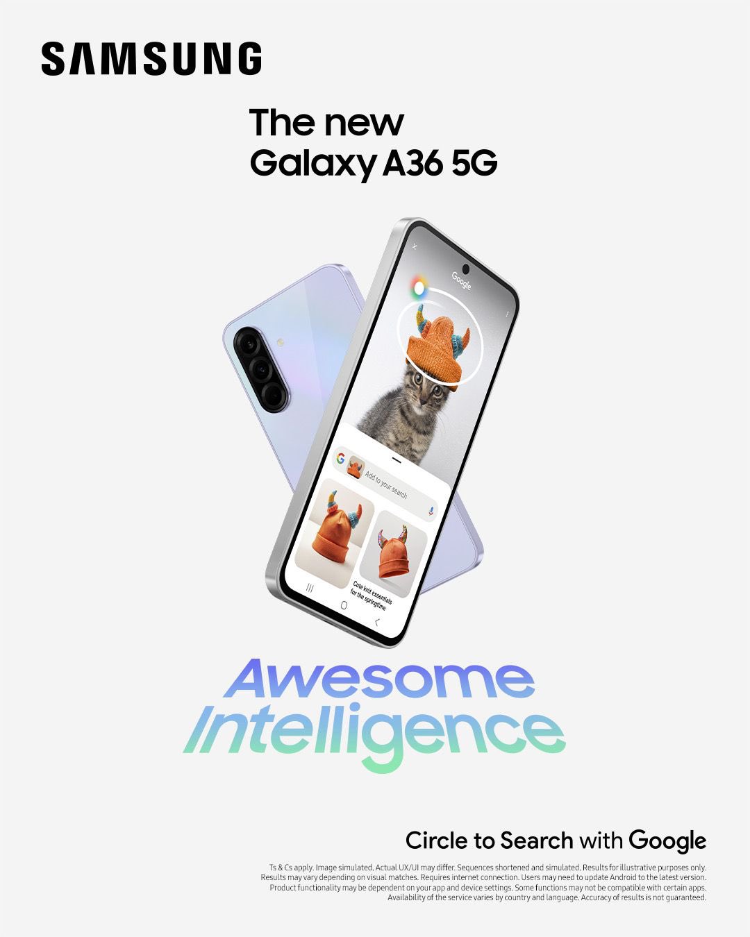 SAMSUNG GALAXY A36 5G 7-inch,256GB ROM + 8GB RAM Dual SIM, Super AMOLED, Main Camera: 50MP +8MP + 2MP, 5000mAh Battery, 45W, Connectivity:  Wi-Fi, Bluetooth 5.3, NFC, Phone SMART PONES75-AB