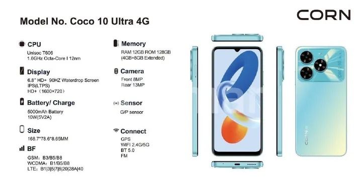 CORN COCO 10 Ultra 4G 128GB Storage Upto 12GB Ram (4 + 8GB Extended ) 6.8'' Screen T606 LTE Octa Core processor 13MP, 8MP Camera 5000mAh Battery Side Fingerprint Android 14 Nano sim smartphone phone