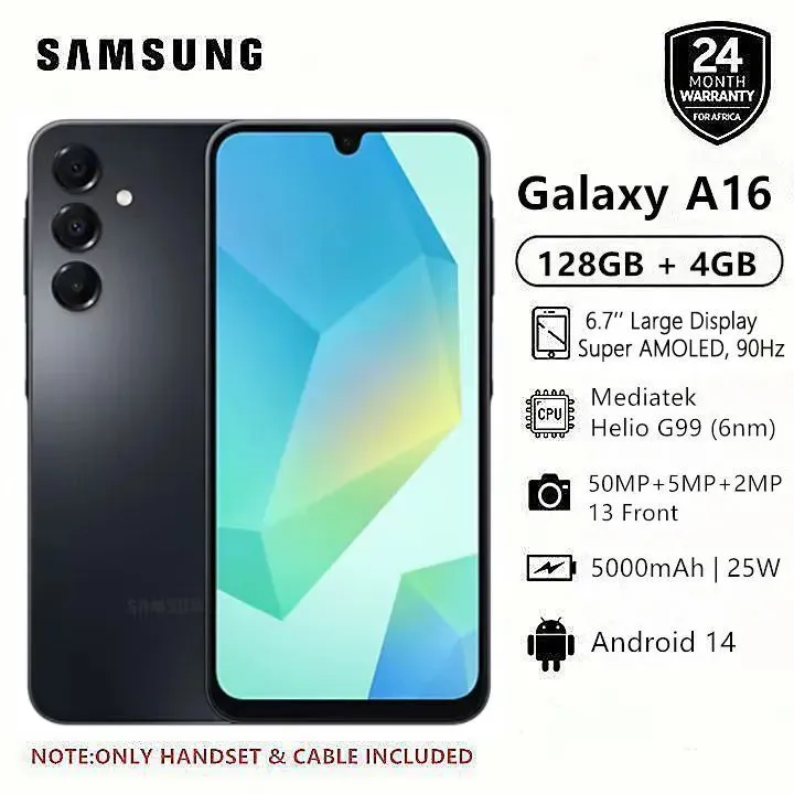 Samsung Galaxy A16 128GB+4GB 6.7" Super AMOLED Display 50MP Triple Camera Android 14 Mediatek Helio G99 5000mAh 25W Type-C Charge + FREE ADAPTOR(CHARGER) Smart Phones phone