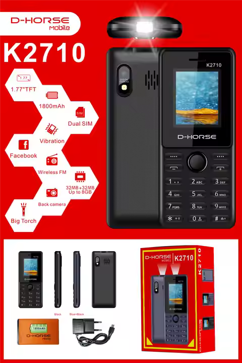 D-HORSE MOBILE K2710 mobile phone Wireless Fm Support 1500mAh Battery capacity 1.77`` display 32MB storage 0.08mp camera - Dual Sim Feature Phone Black Cheapest featured phones